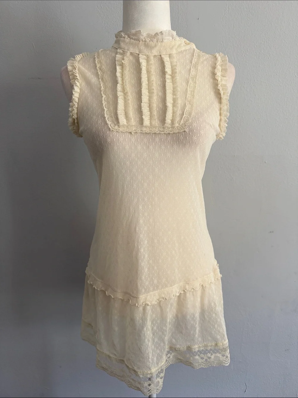 Free People Cream Sheer Lace Ruffle Mini Dress - Size S